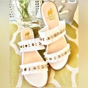 CAMEL THREADS White Gold Sandal Flats Shoes Raffia Gold Slip‎ On 2 Strap Women 7